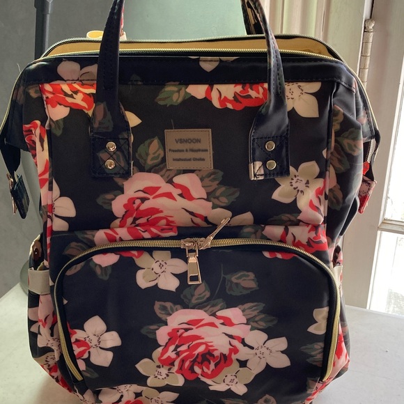 VSNOON Handbags - VS NOON Black Floral Backpack with Pink Roses